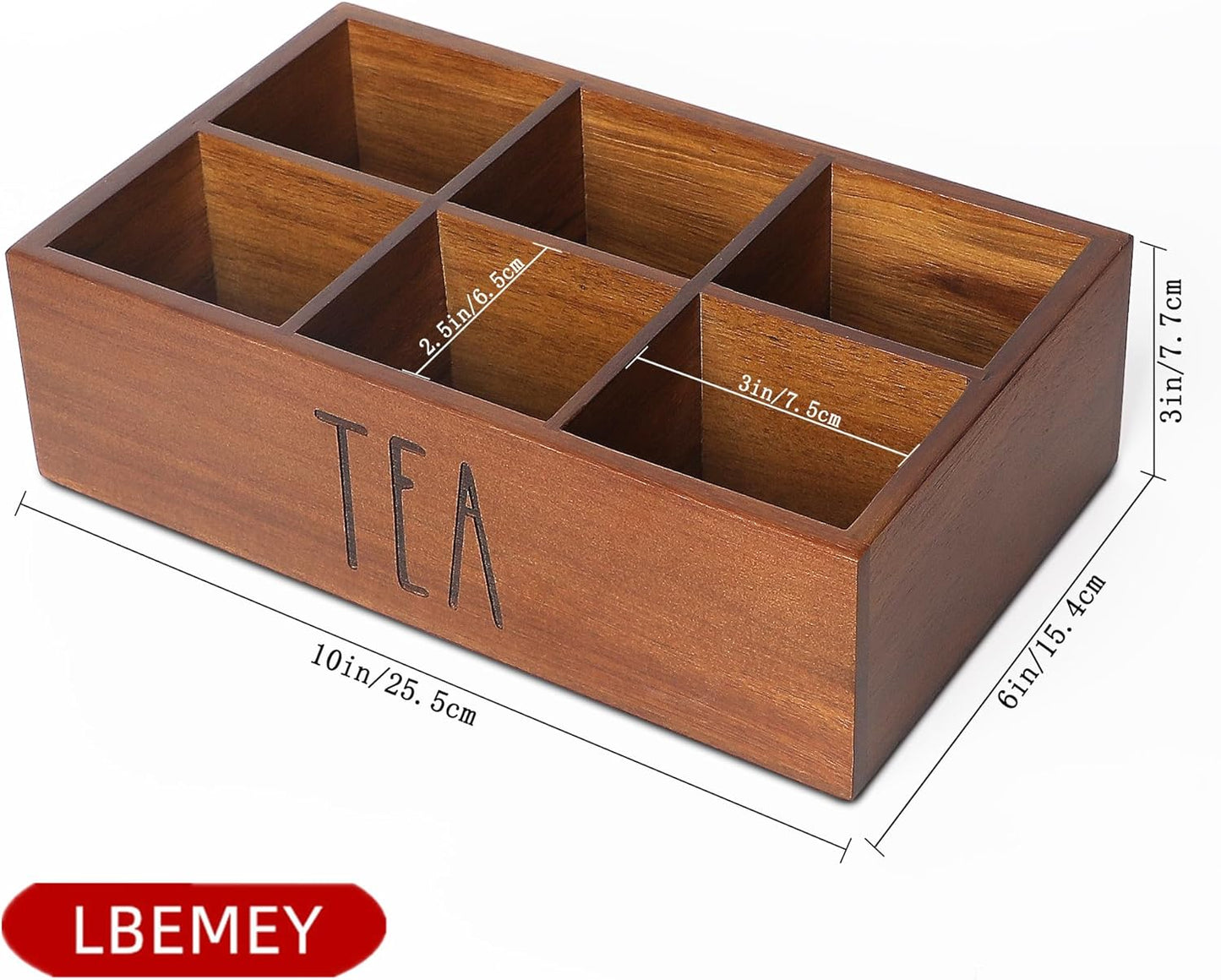 Tea Bag Organizer,Acacia Wood Tea Storage Containers with 6 Compartments, Sugar Packet Holder,Tea Bag Caddy Box for Cabinet Countertop Office (Brown- Labeled "TEA")
