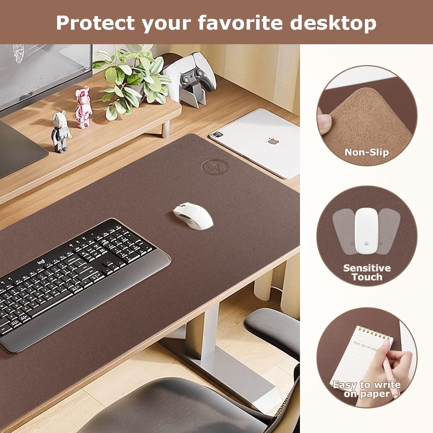 Wireless Charging Mouse Pad Firelison 2 in 1 Leather Multifunctional Office Desk Pad with Non-Slip Rubber Base, Waterproof Desk pad for Computers/Office/Work/Home/Decor（ 36" x 17"Brown - R）