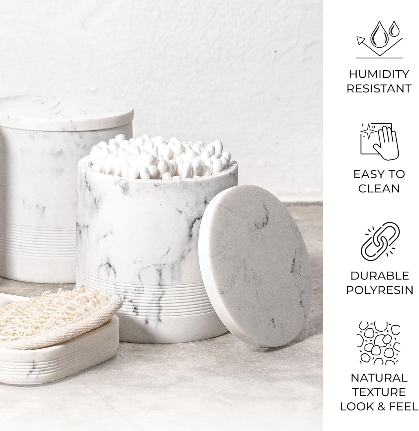 ZCCZ White Marble Bathroom Accessories Set 6 Pieces - Toothbrush Holder, Lotion Dispenser, Qtip Container, Vanity Tray, Tumbler - Countertop Organizer for Bathrooms - Elegant and Functional Décor Set