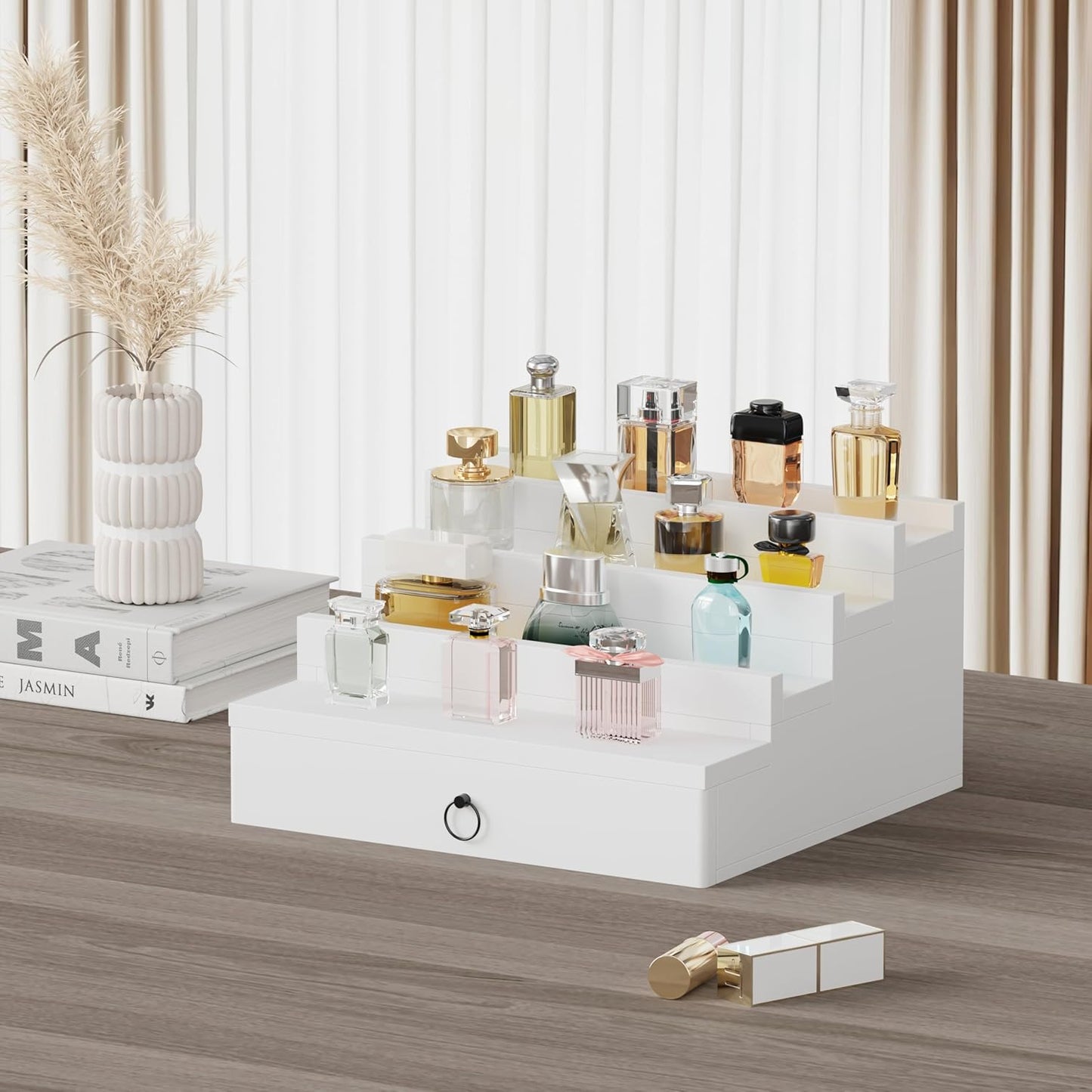 Blisse Cologne/Perfume Organizer, 4-Tier Storage Drawer with Hidden Compartments, Soft-Lined Display Case (White)