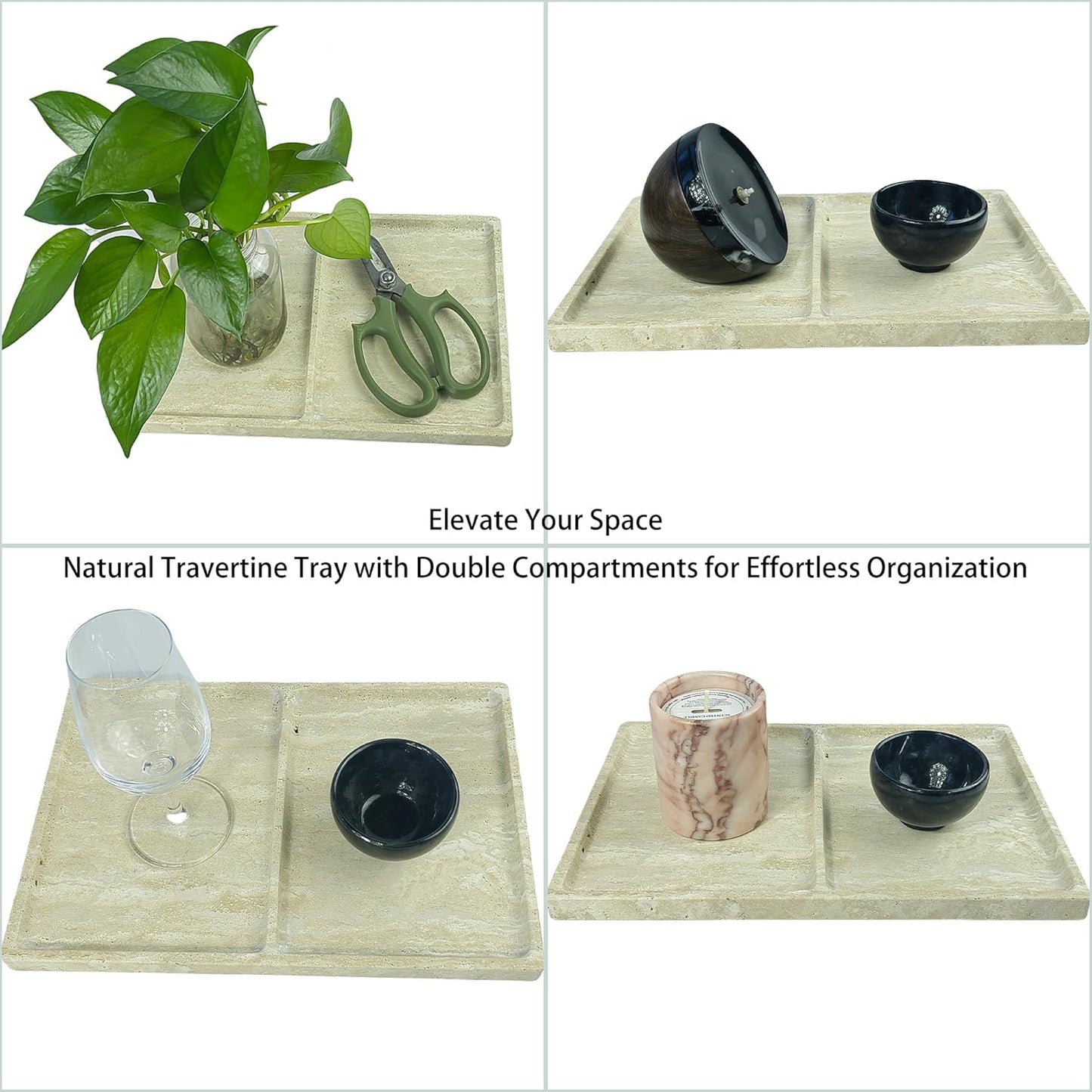 11.81"x7.87" Roman Travertine Decorative Tray - 2 Compartments Functional Storage Vanity Organizer for Bathroom Kitchen Office, Beige