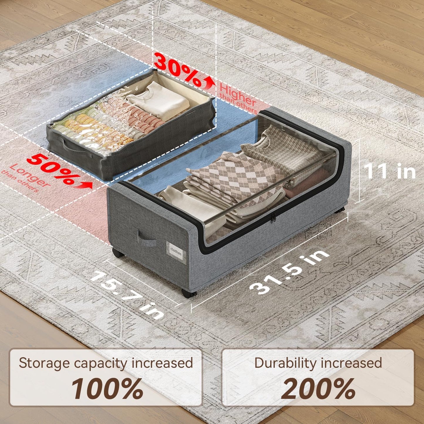 Under Bed Storage With Wheels, XXXXL Size, Tall Under The Bed Storage Drawers, Underbed Shoe Storage Organizer, Metal Frame, Large Size, 90L