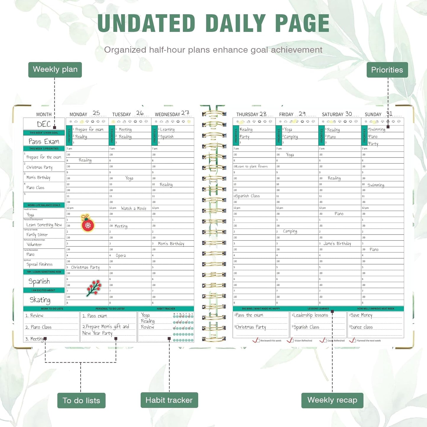 Ospelelf Undated Spiral Bound Planner Daily, Weekly and Monthly Planner 2025-2026, Work Planners 12 Month 8.5 x 11