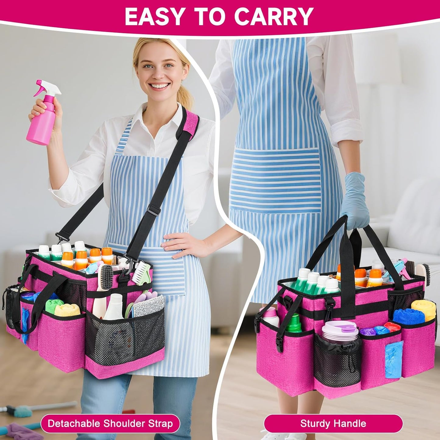 Cleaning Caddy Bag, Cleaning Supplies Organizer for Housekeepers, Housekeeping Caddy with Handle and Detachable Padded Cushion, Pink
