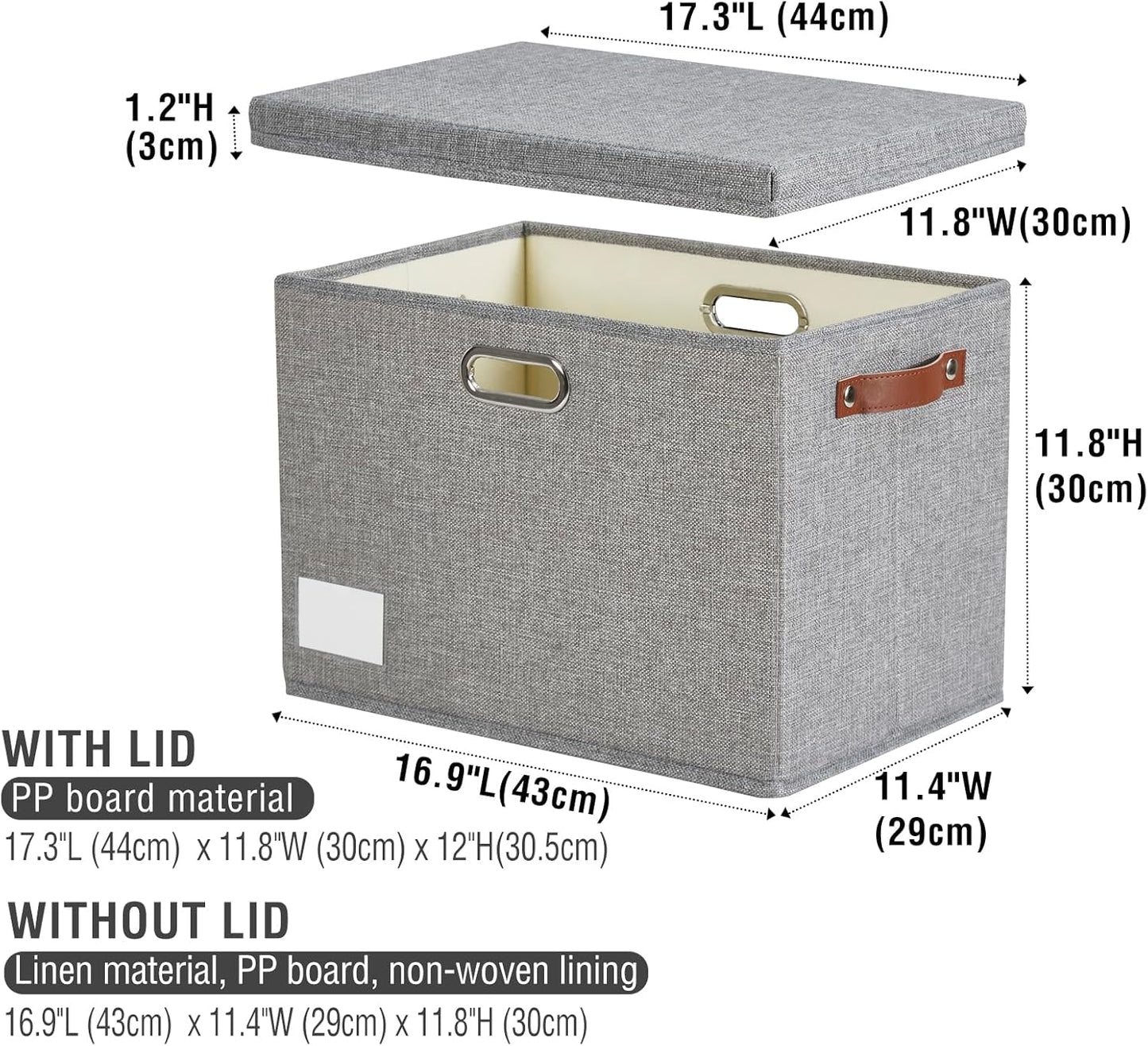 17" Large Collapsible Storage Bins with Lids, Stackable Closet Organizers with PU Handle and Labels, 3-Pack Decorative Fabric Storage Boxes for Home, Bedroom, Closet, Office, Nursery(Gray)