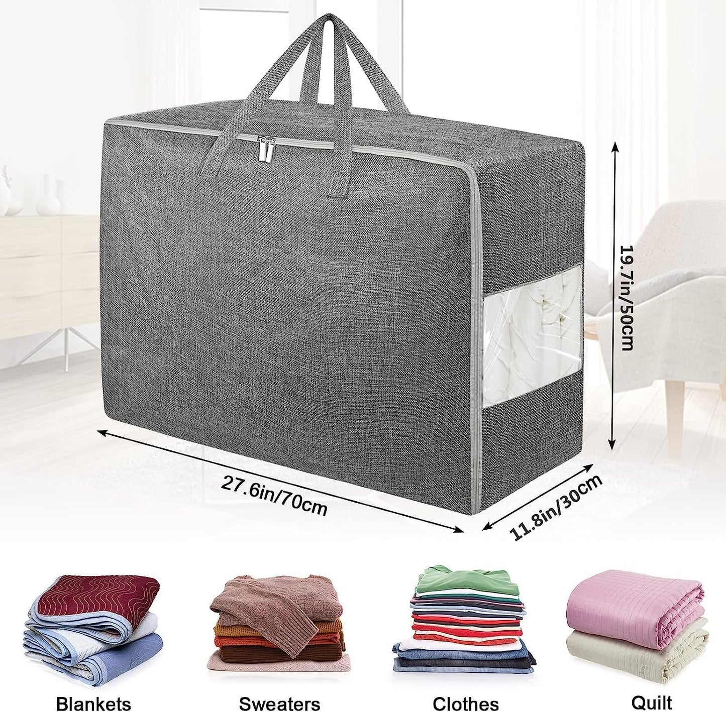 105L Extra Large Storage Bags, Folding Moving Comforter Blanket Storage Bags Closet Organizers and Storage Containers for Clothes with Strong Handles&Zippers Clear Window for Bedding Pillow, Grey