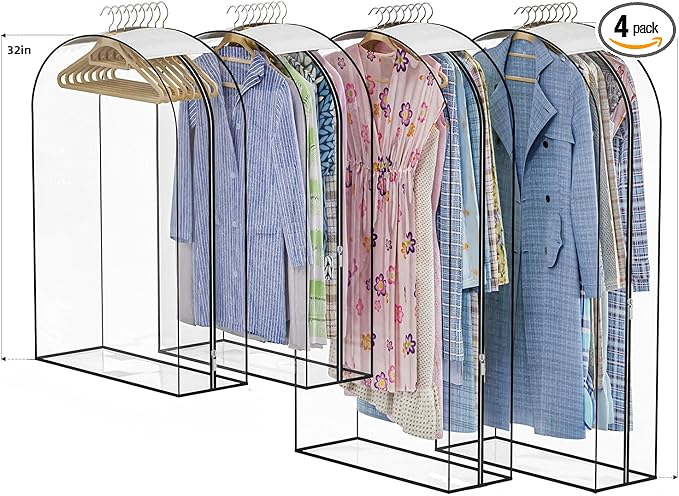 Upgraded Thickened Clear Garment Bags for Hanging Clothes 4 Packs, 10“ Gusseted Clothes Hanging Storage Bags for Closet, Shirts, Coats, Dresses (32 & 40 inch)