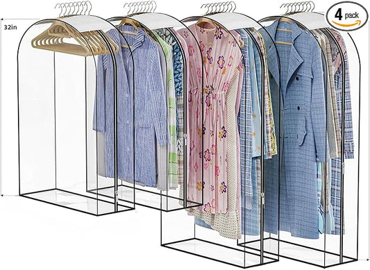 Upgraded Thickened Clear Garment Bags for Hanging Clothes 4 Packs, 10“ Gusseted Clothes Hanging Storage Bags for Closet, Shirts, Coats, Dresses (32 & 40 inch)