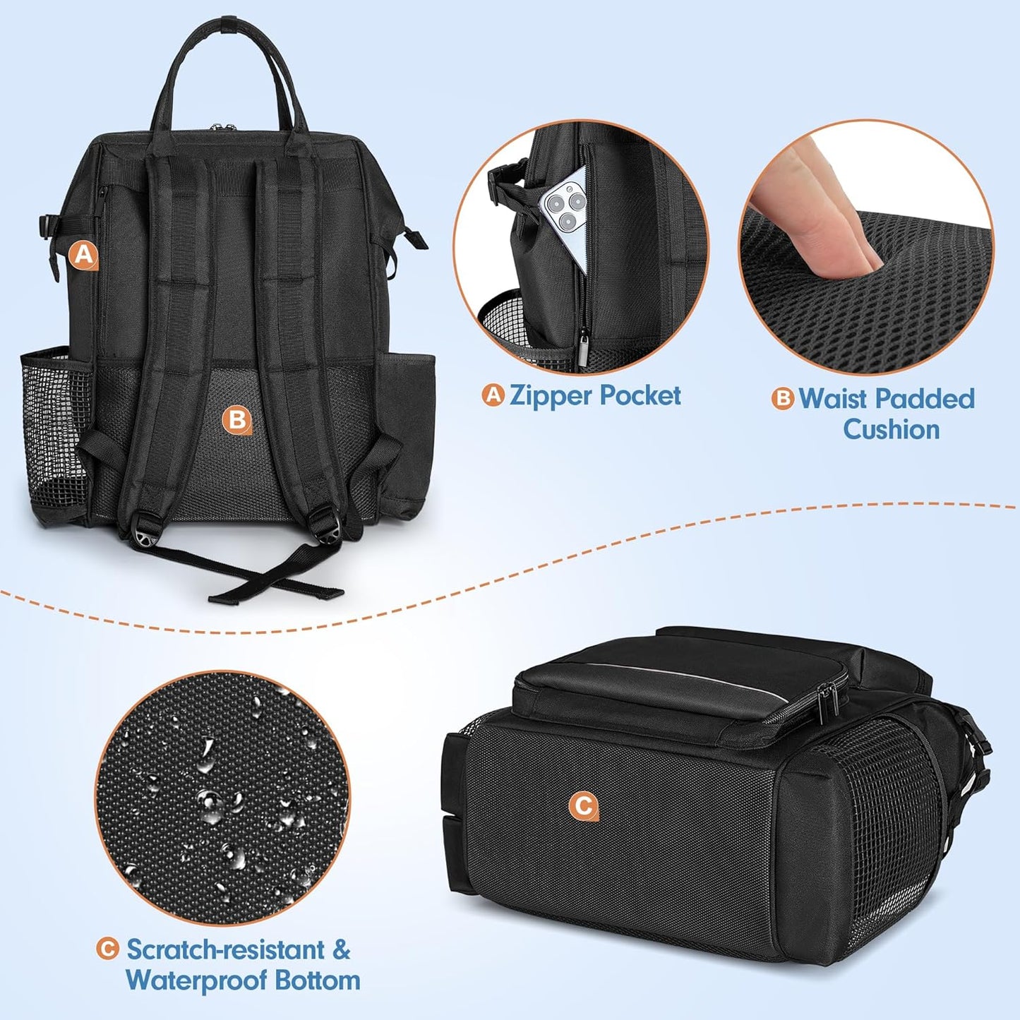 LoDrid Heavy Duty Cleaning Supplies Bag with Steel Frame Top, Large Cleaning Caddy with Adjustable Shoulder Straps and Multiple Pockets for Housekeeping Work, Black, Bag Only, Patent Designed