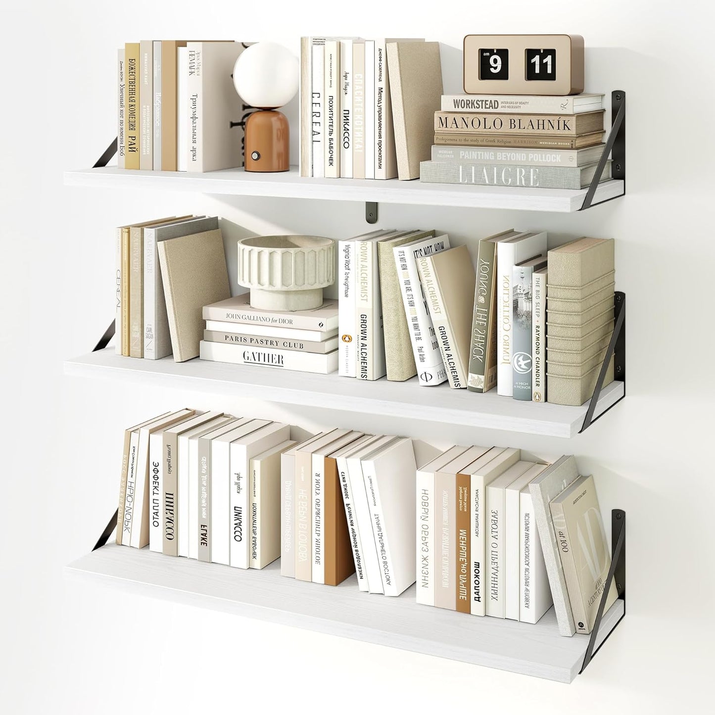 Fun Memories Floating Shelves, 32 x 8 Inches, Set of 3 Wall-Mounted Bookshelves with Metal Brackets, Decorative Storage for Home and Office (White)