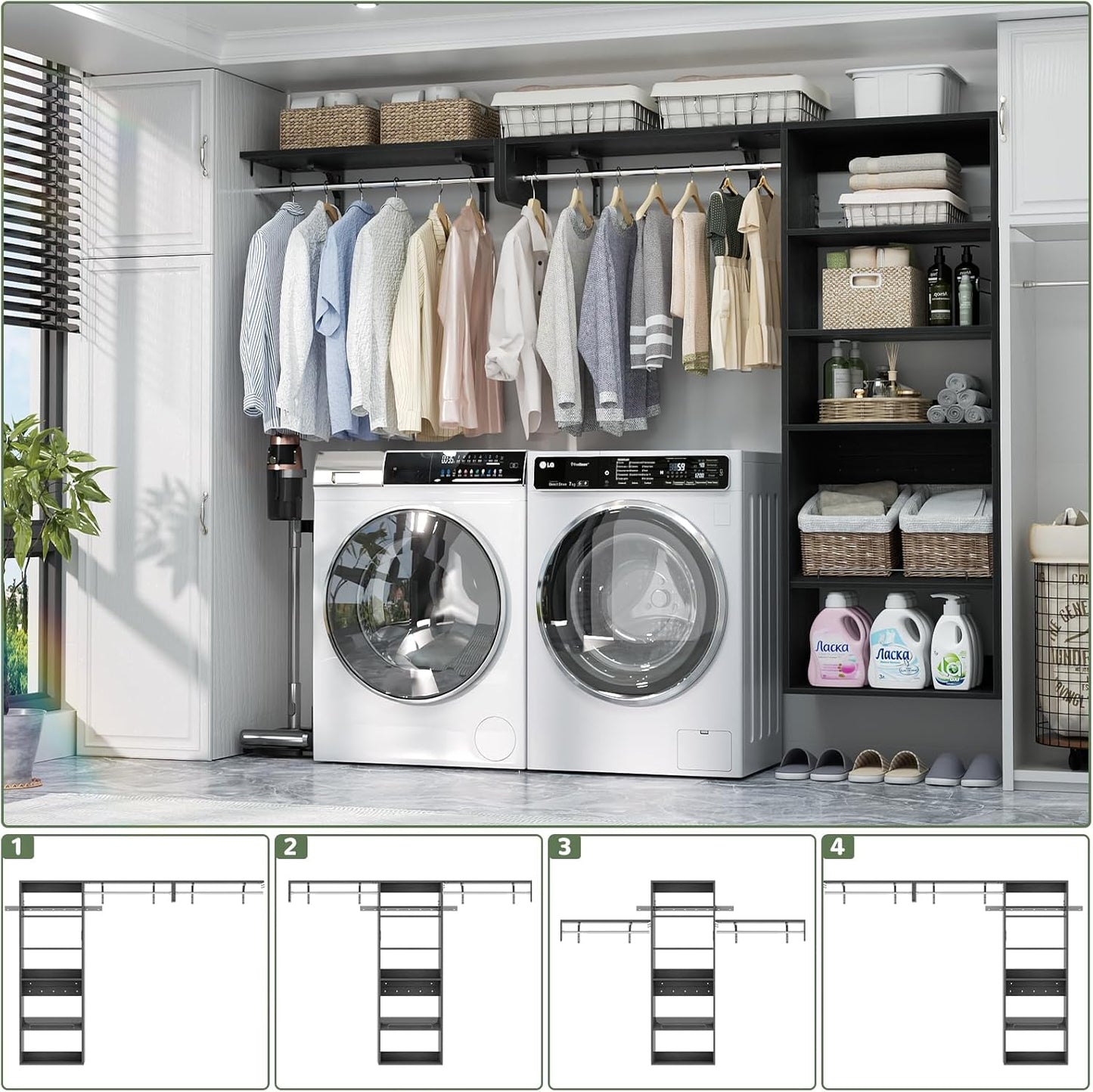 Unikito Over Washer and Dryer Storage Shelf, 8FT Wall Mounted Laundry Room Organizer, Space Saver Clothes Drying Rack with Hanger Rod, 6-Tier Heavy-Duty Closet System with Adjustable Shelves, Black