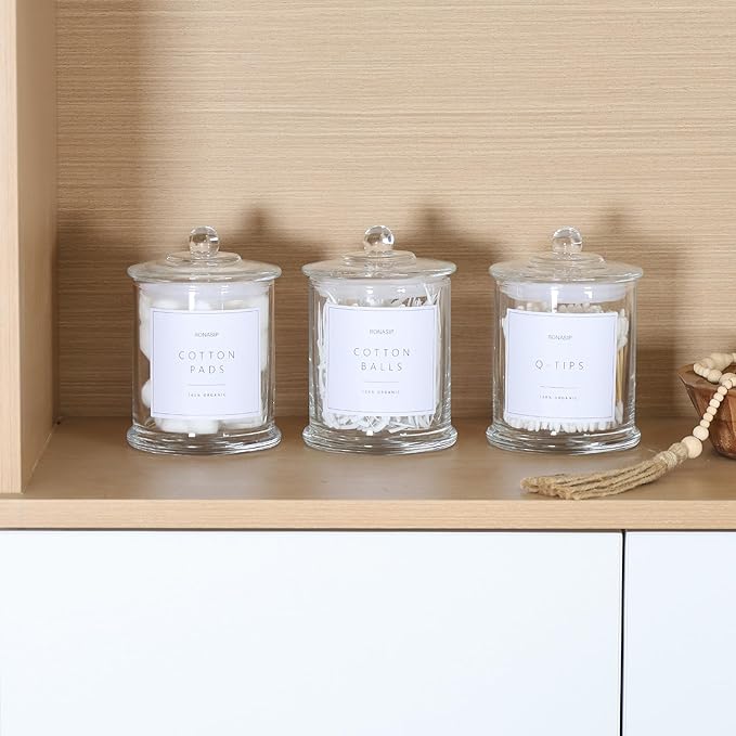 3 Pack Qtip Holder Dispenser, 16oz Bathroom Organizer and Storage Canisters, Glass Apothecary Jars with Lid - Home Decor, Room Decor Aesthetic(Transparent)
