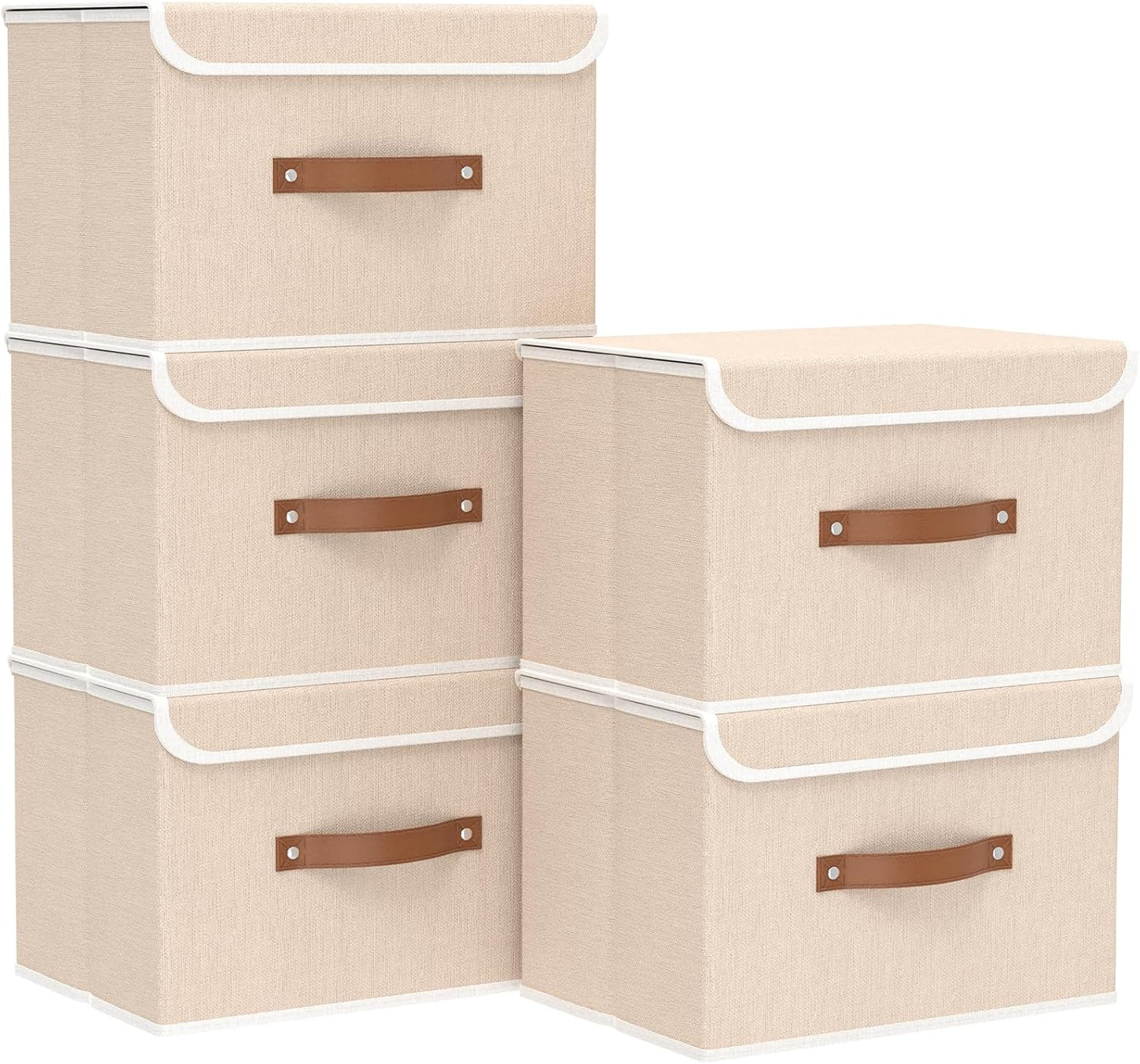 Yawinhe Collapsible Storage Boxes, Linen Fabric Baskets, Bin with lid and Leather Handle, Washable, for Home, Closet, Beige, 17.7''Lx11.8''Wx11.8''H, 5-Pack, USNK024BEX-5