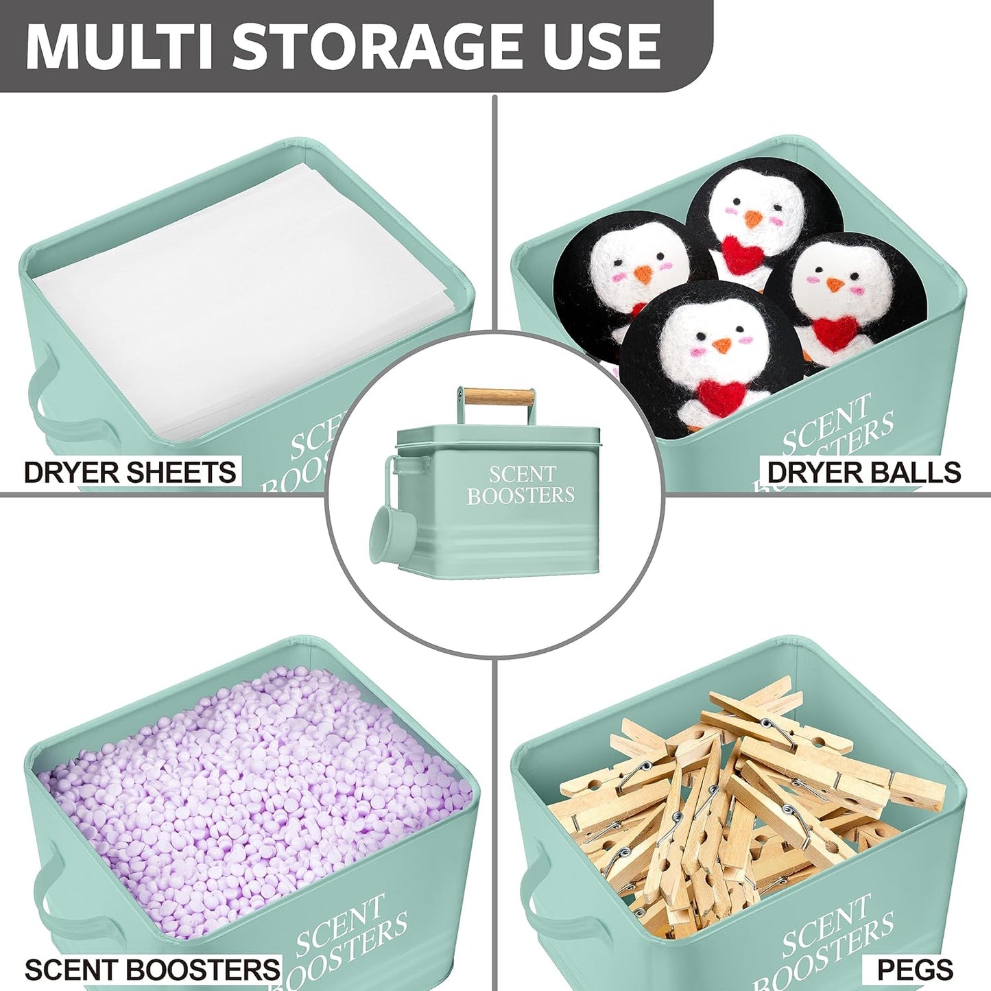 Calindiana Modern Farmhouse Metal Laundry Scent Booster Beads Dispenser Container with Scoop for Laundry Room Decor and Accessories and Space Saving Laundry Room Organization and Storage, Mint