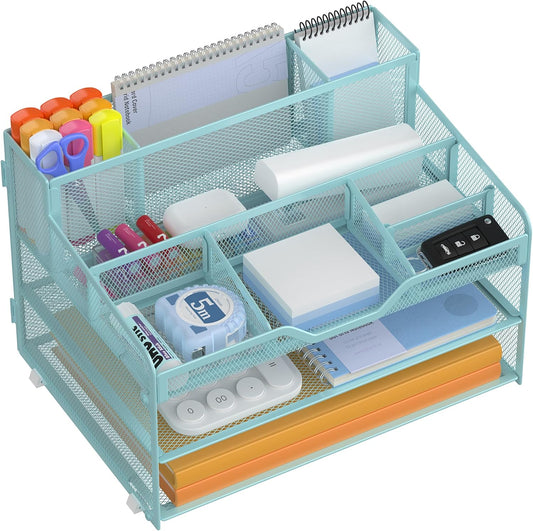 Docnest 3 Tier Mesh Desk Organizer for Paper Office Supplies – Multi-Functional Letter Tray with 5 Adjustable Compartments, 3 Pen Holders, Desktop Storage for Files, Mail, Stationery – Blue