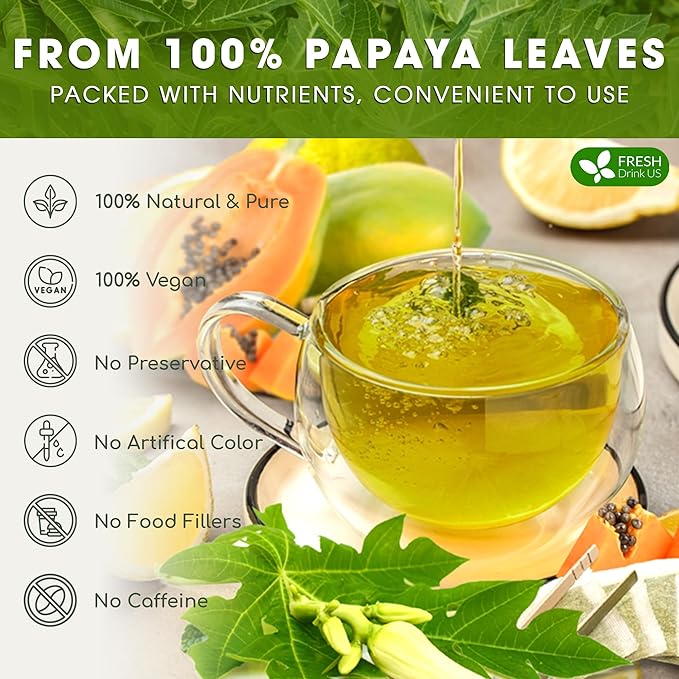 FreshDrinkUS, Premium 135 Papaya Leaf Tea Bags, 100% Natural & Pure from Papaya Leaves. Loose Leaf Herbal Tea. Made with Natural Material Tea Bags. No Sugar, No Caffeine, No Gluten, Vegan.