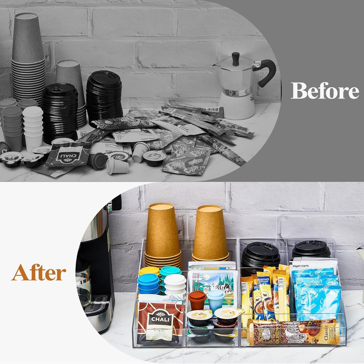 2 Pcs Acrylic Coffee Station Organizer for Countertop and Tea Condiment Storage with 9 Compartments Totally Bar Accessories for Home Office Breakroom, 2 in 1 Design