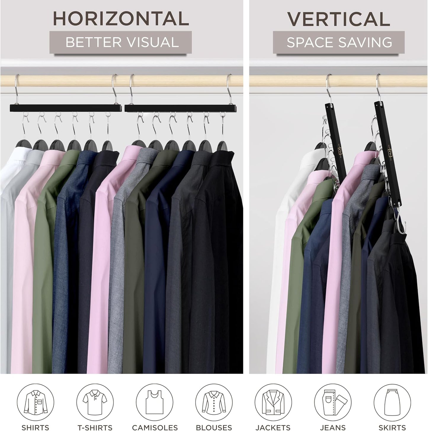 MORALVE Space Saving Hangers for Closet – 4 Pack European Beechwood 6-Tier Shirt Organizer with 360° Swivel Hook – Collapsible Clothes Hanger for Closet Organization (Hangers Not Included)