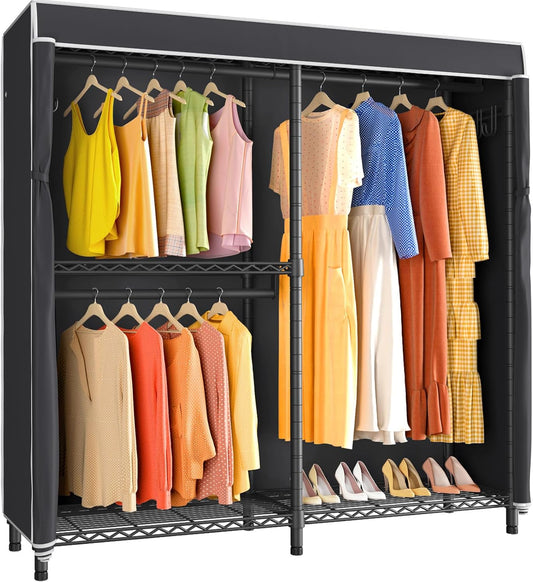 VIPEK V4C Garment Rack with Cover, Heavy Duty Portable Closet Adjustable Metal Clothing Rack for Hanging Clothes with Hanging Rods & Side Hooks, Max Load 810lbs, Black Rack with Black Cover