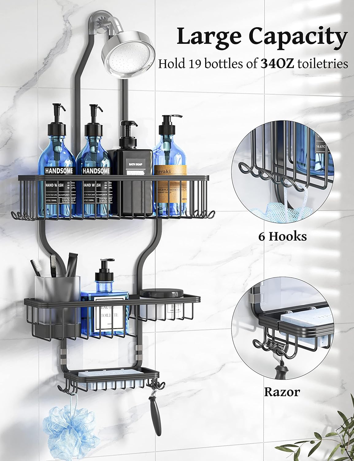 YASONIC Shower Caddy Over Shower Head Never Rust Aluminum Large Hanging Shower Caddy with 10 Hooks for Razor/Sponge - Over The Shower Head Caddy with Soap Basket - Hanging Shower Organizer Black