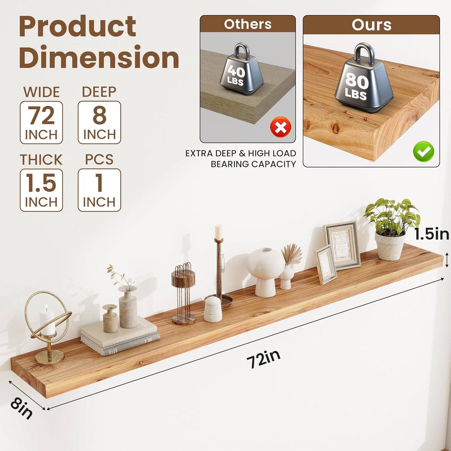 Floating Shelves, 8" Deep Rustic Solid Elm Wood Wall Mounted Floating Shelves, Wall Shelves with Invisible Bracket for Living Room Bathroom Bedroom Kitchen, 72 Inch, Natural