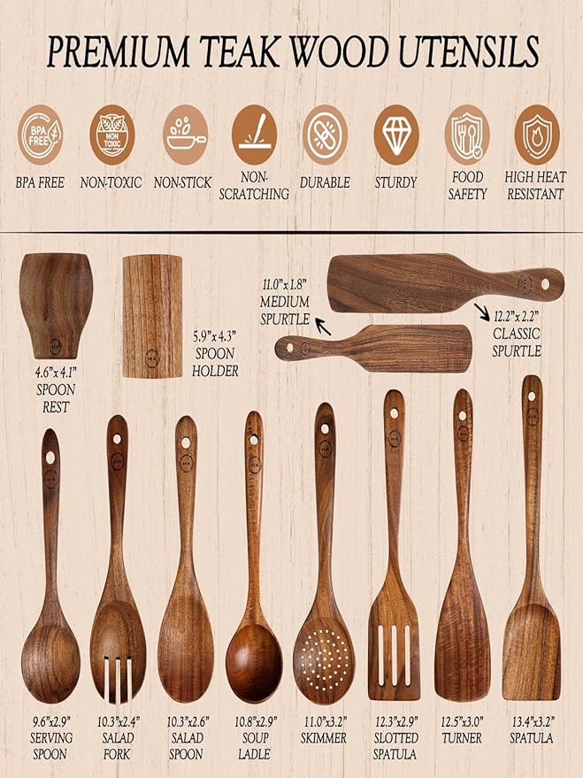 100% Natural Teak Wood Wooden Utensil Set – 12 Pcs Cooking Tools with Large Spoon Holder & Rest – Non-Stick, Heat Resistant, Durable, Food-Safe & Eco-Friendly Kitchen Gadgets
