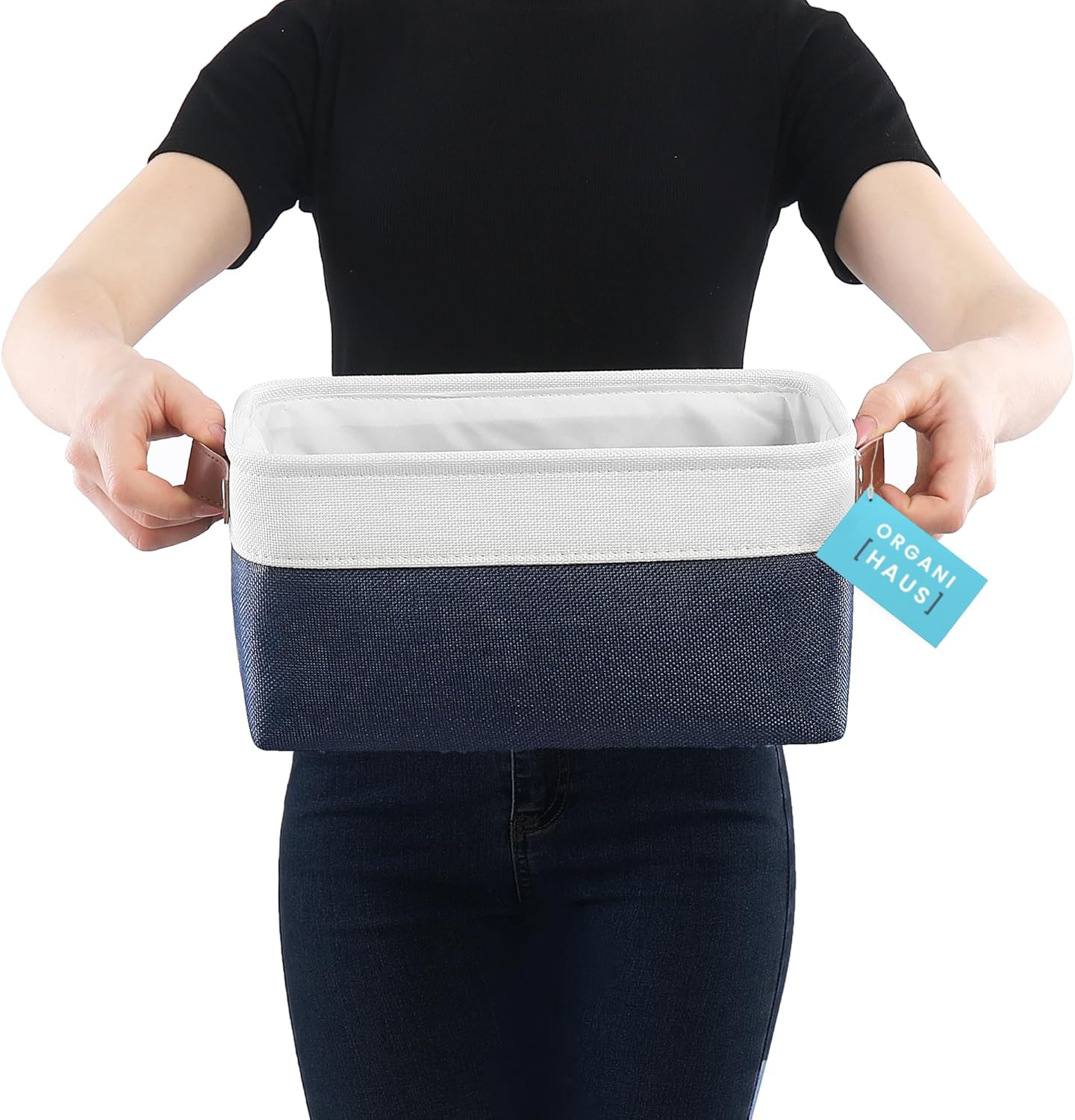 OrganiHaus Small Fabric Storage Baskets for Shelves 3 Pack, 12x08in Closet Storage Bins for Shelves, Canvas Baskets for Organizing, Linen Closet Organizers, Cloth Basket, Navy Blue/Off-White