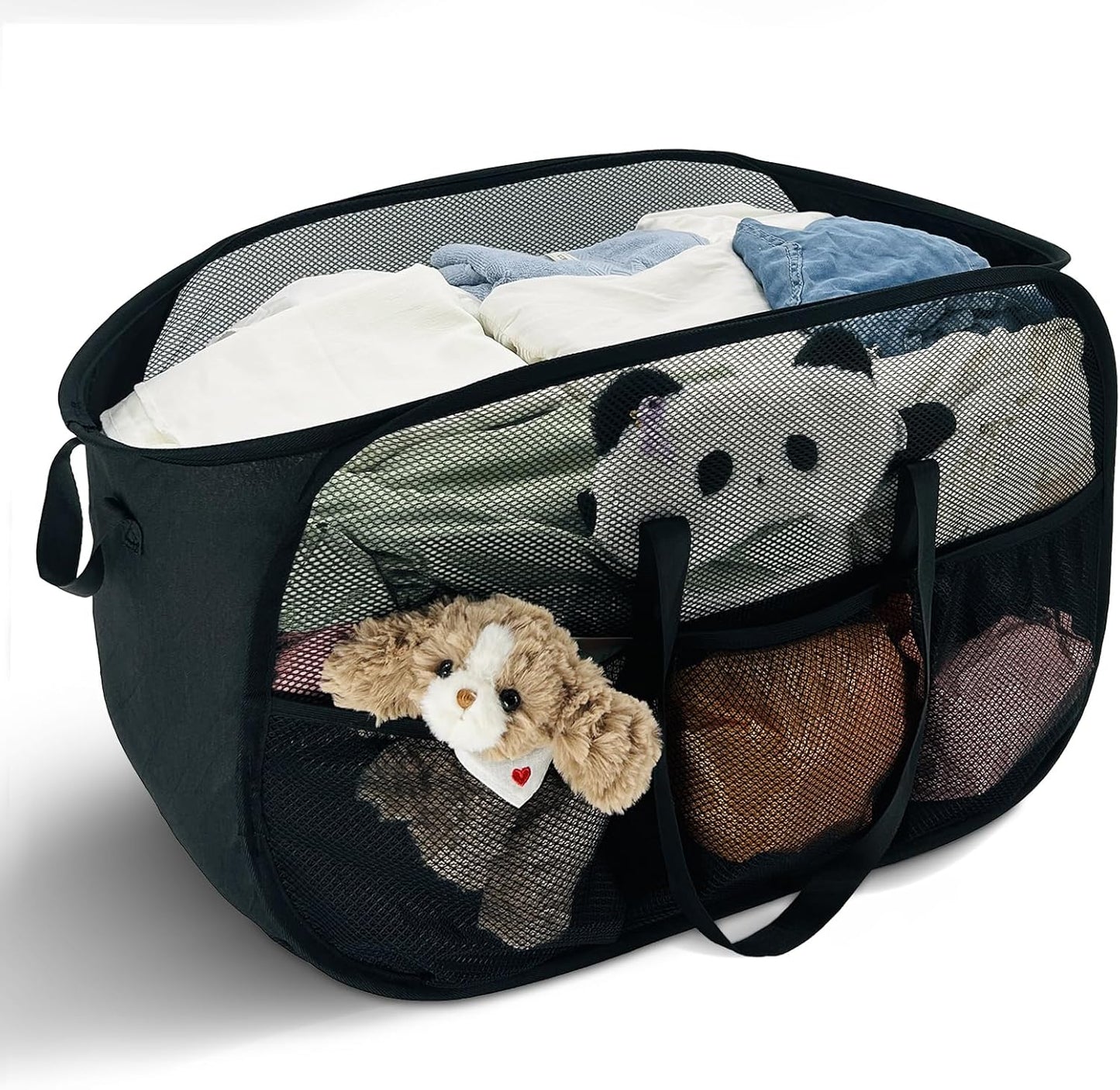 100L Extra Large Mesh Pop Up Hamper with Handles and bag,Upgraded Cationic XL Collapsible Laundry Baskets, Portable Stair Basket, Dirty Clothes Hamper for Cruise Travel Bedroom. Black