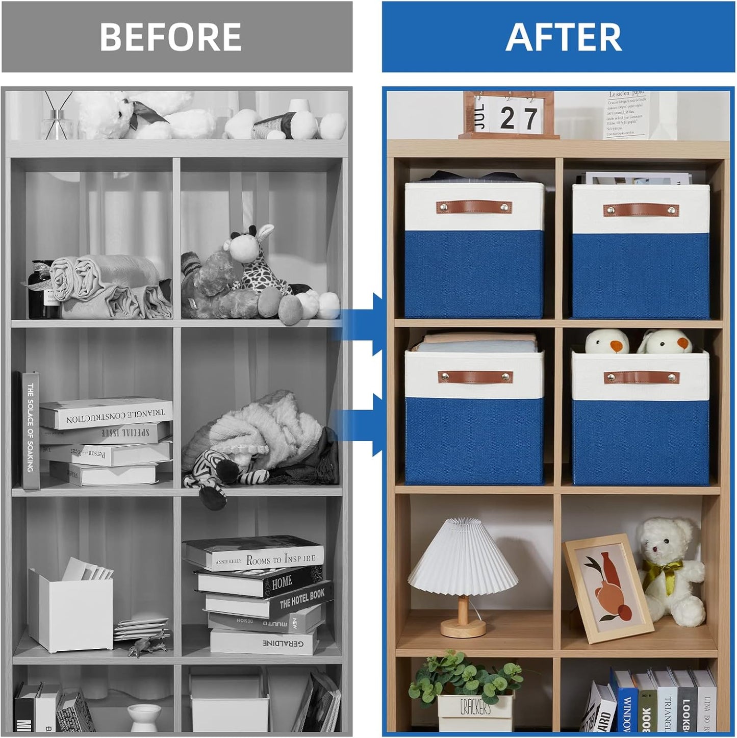 Temary 11 Storage Cube Bins for Shelves, Closet - 4 Pack Fabric Baskets With Leather Handles (White & Blue)