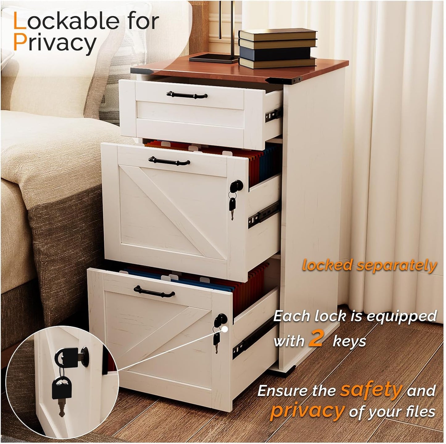 VINGLI 3 Drawer File Cabinet with Lock, Home Office Filing Organizer, for Letter Size File Folder Storage, Modern Farmhouse Style, Wood Vertical Filing Cabinet, Archivador (Rustic White & Brown)