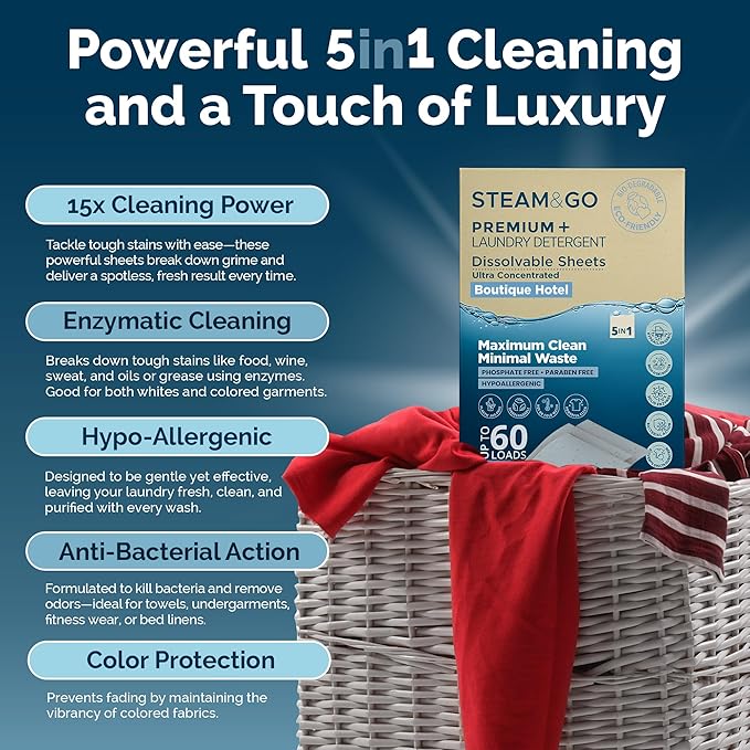 Steam and Go Premium+ Laundry Detergent Sheets – 5in1 Dissolvable Sheets with Enzymatic Cleaning, Antibacterial Action, Color Protection, Fresh Fragrance & Purifying – Boutique Hotel Scent, 30 Ct
