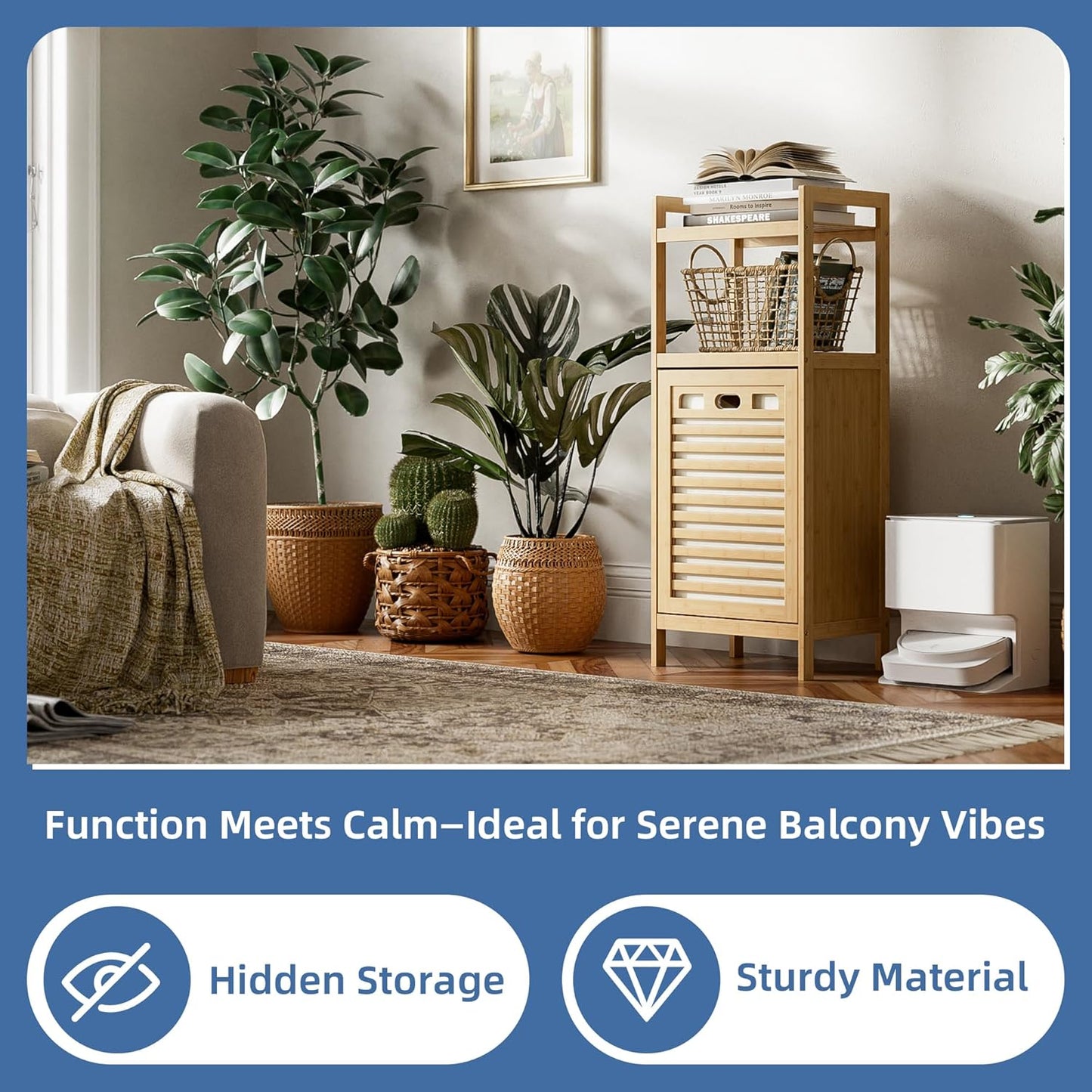 HITNET Tilt Out Laundry Hamper, Bamboo Laundry Basket with Foldable Bag and 2 Open Shelves, Freestanding Clothes Storage Organizer for Bedroom, Bathroom, Living Room, Natural