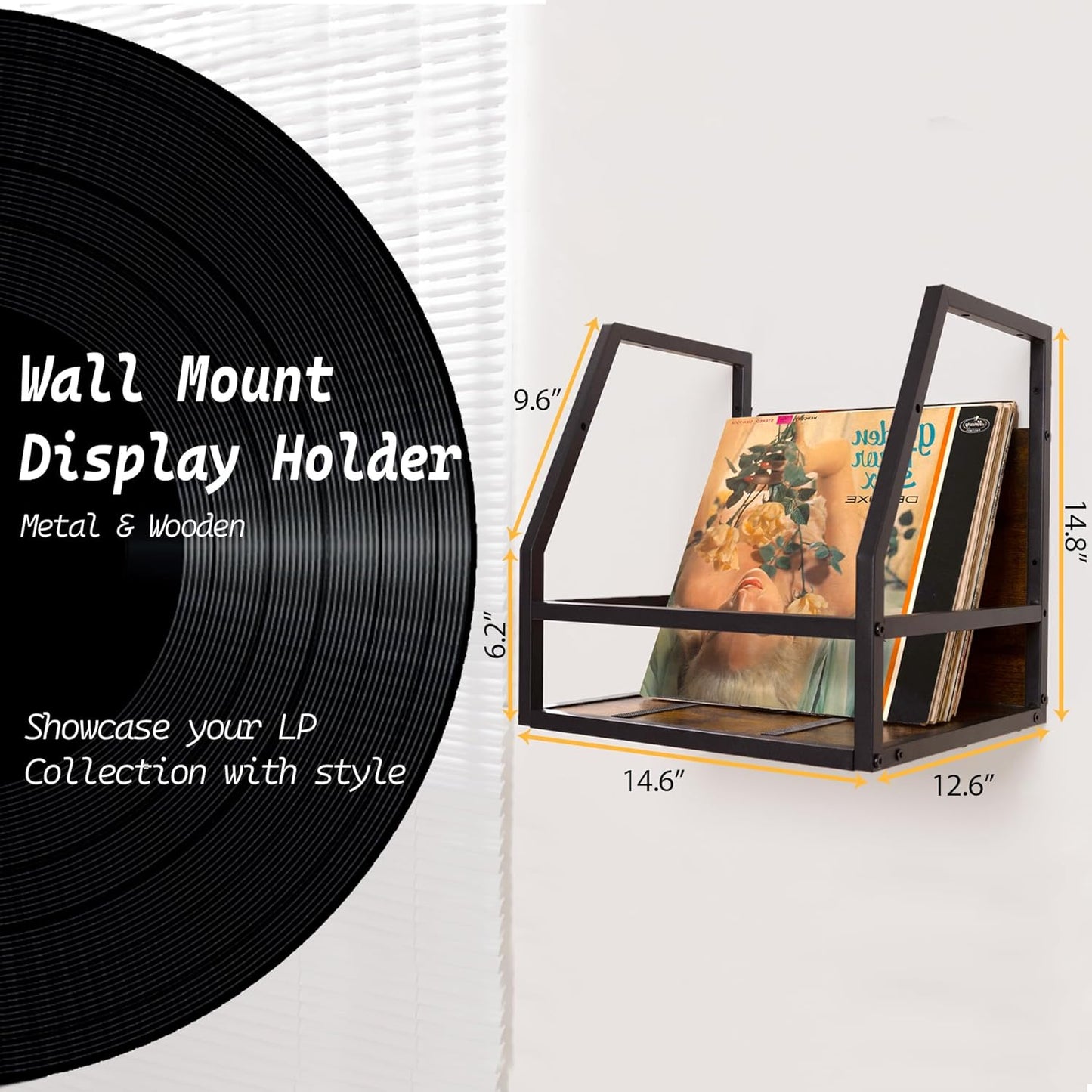 Y&M 2 In 1 Vinyl Record Storage Crate, 2 Pack Wood LP Holder, Wall Mount or Desktop Metal Album Organizer, Holds 80+ Records, Multifunctional Stackable Magazine Display Shelf, Brown