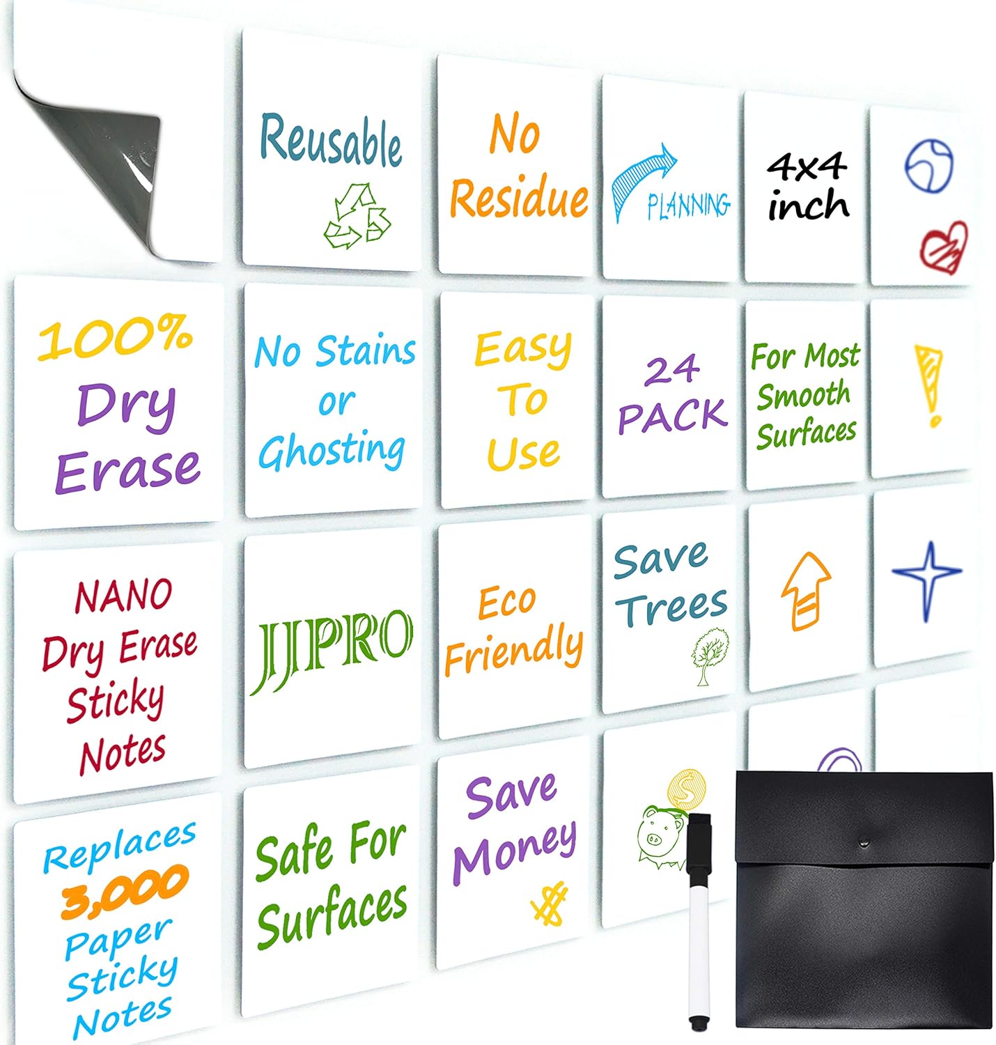 Dry Erase Sticky Notes. Reusable Whiteboard Stickers 4"x4" - 24 Pack. Suitable for All Smooth Surface. Great for Labels, Lists, Reminders and Decals. Washable, Removable