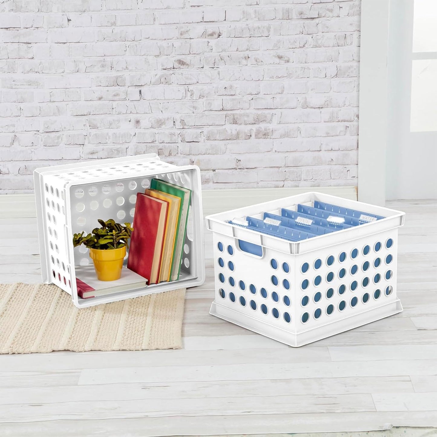 Sterilite Stackable Plastic Storage Crate Bin Organizer File Box with Handles for Home, Office, Dorm, Garage, or Utility Organization, White, 18-Pack
