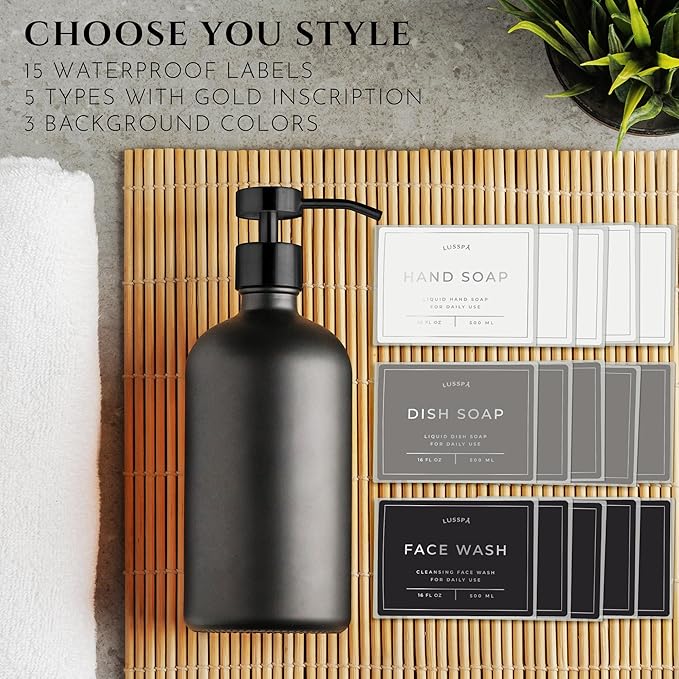 Lotion, Hand & Dish Soap Dispenser for Kitchen Sink - Bathroom Soap Dispenser Set of 2 16.8 Oz Glass Bottles with Stainless Steel Pump, 15 Water Proof Labels & Silicon Tray (Black)