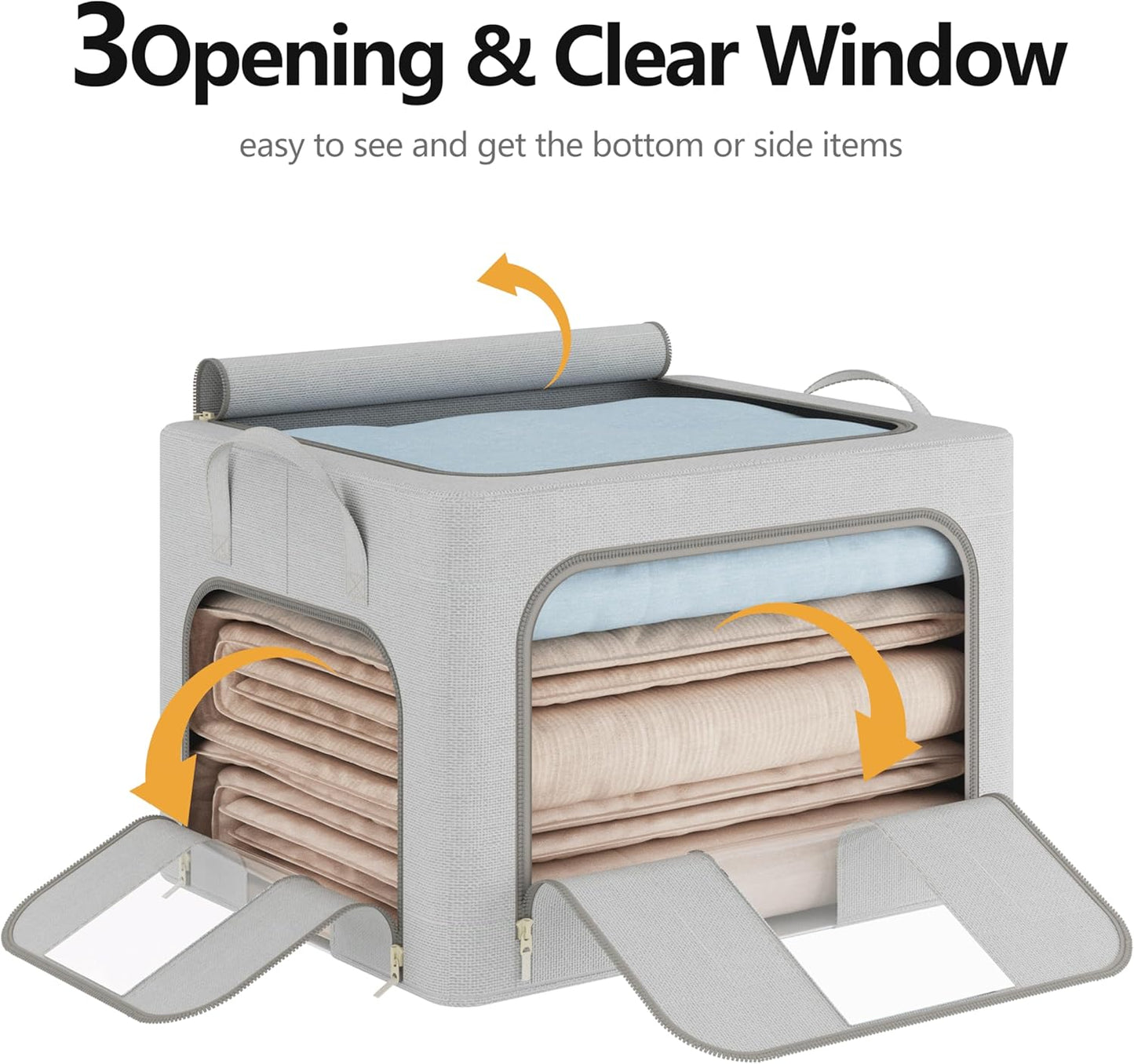 Pinkpum 3 Pack Clothes Storage Bins with Metal Frame, Closet Organizers and Storage Boxes, Stackable & Foldable Clothes Organizer Bags with Large Clear Window & Long Carry Handles, Grey Pattern 66L