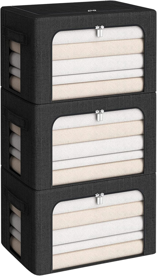 CYhom 3Pack Foldable Storage Bins - Frame Storage Box Linen Fabric Stackable Clothes Container Organizer with Clear Window & Carry Handles Large Capacity (Medium-36L, Black)