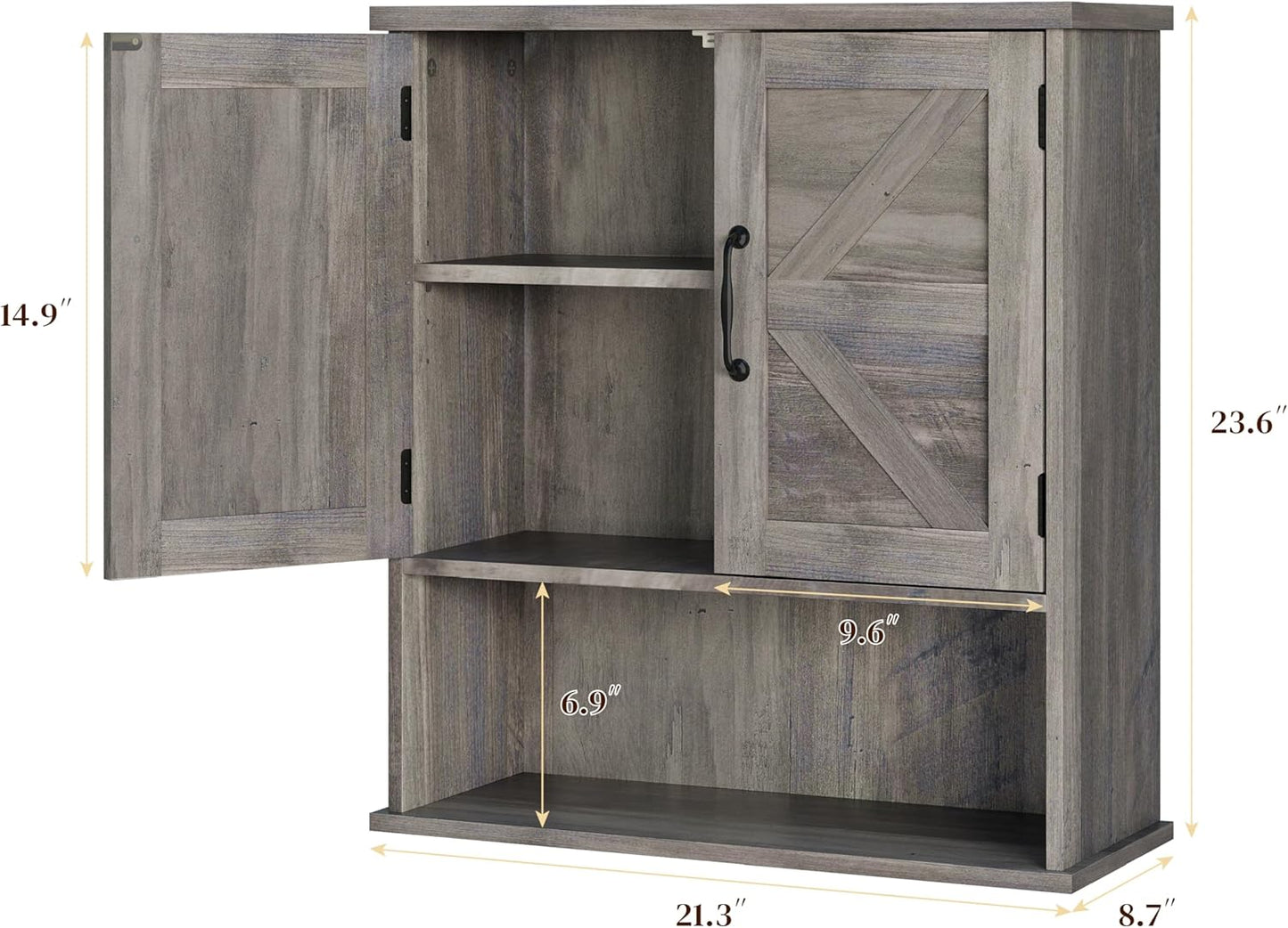 Smuxee Farmhouse Wall Mounted Cabinet, Washed Grey Small Medicine Cabinet with Adjustable Shelf, Suitable for Bathroom, Living Room, Laundry Room