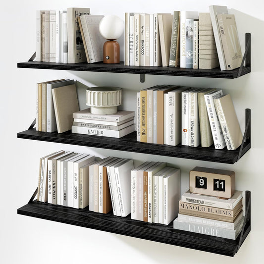 Fun Memories Floating Shelves for Wall, 36 Inches Long Set of 3 Wall Shelves for Bedroom, Floating Bookshelves with Metal Brackets for Living Room, Kitchen, Bedroom and Laundry Room (Black)