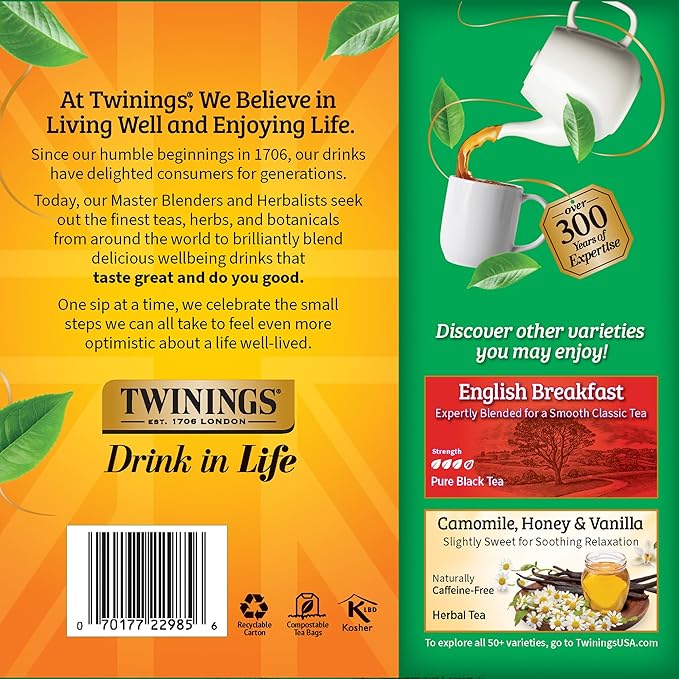 Twinings Irish Breakfast Black Tea Individually Wrapped Bags, 100 Count (Pack of 1), Flavourful, Bold, and Robust, Caffeinated, Enjoy Hot or Iced, 100 Teabags