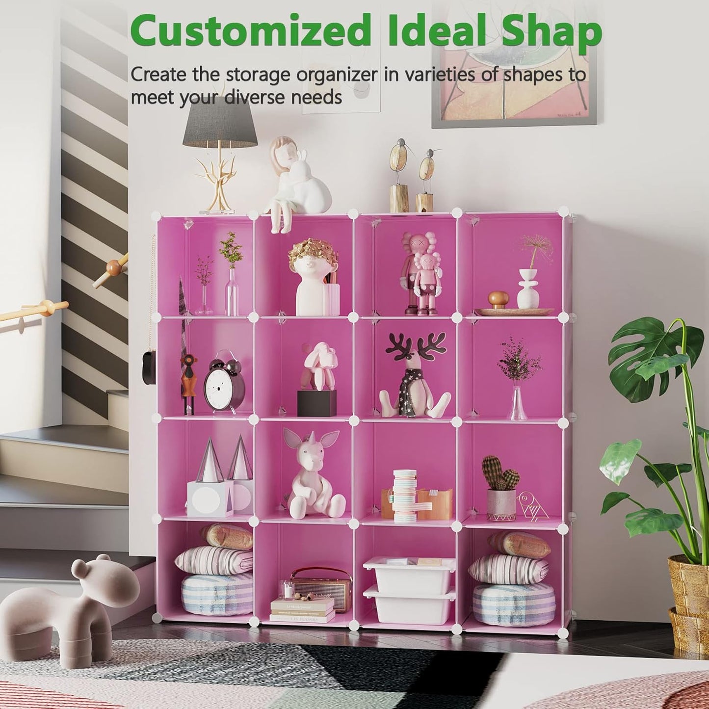 C&AHOME Cube Storage Organizer, 16-Cube Shelves Units, Plastic Storage Cubes, DIY Closet Organizer, Modular Closet Storage Shelves Ideal for Home, Bedroom, 48.4" L × 12.4" W × 48.4" H Pink UPCS16P