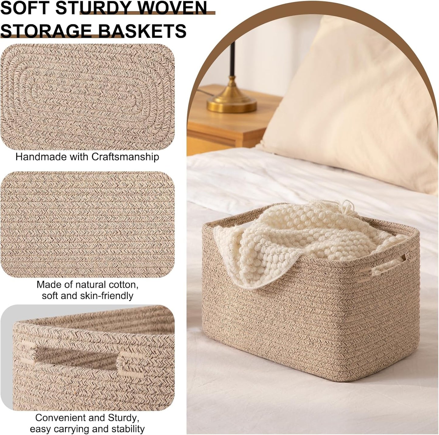 Storage Baskets for Organizing, Woven Decorative Baskets for Shelves - Books, Towels, and Clothes, Cotton Rope Toy Storage Bins, 12.7''Lx9''Wx7.8''H, Pack of 4, Brown