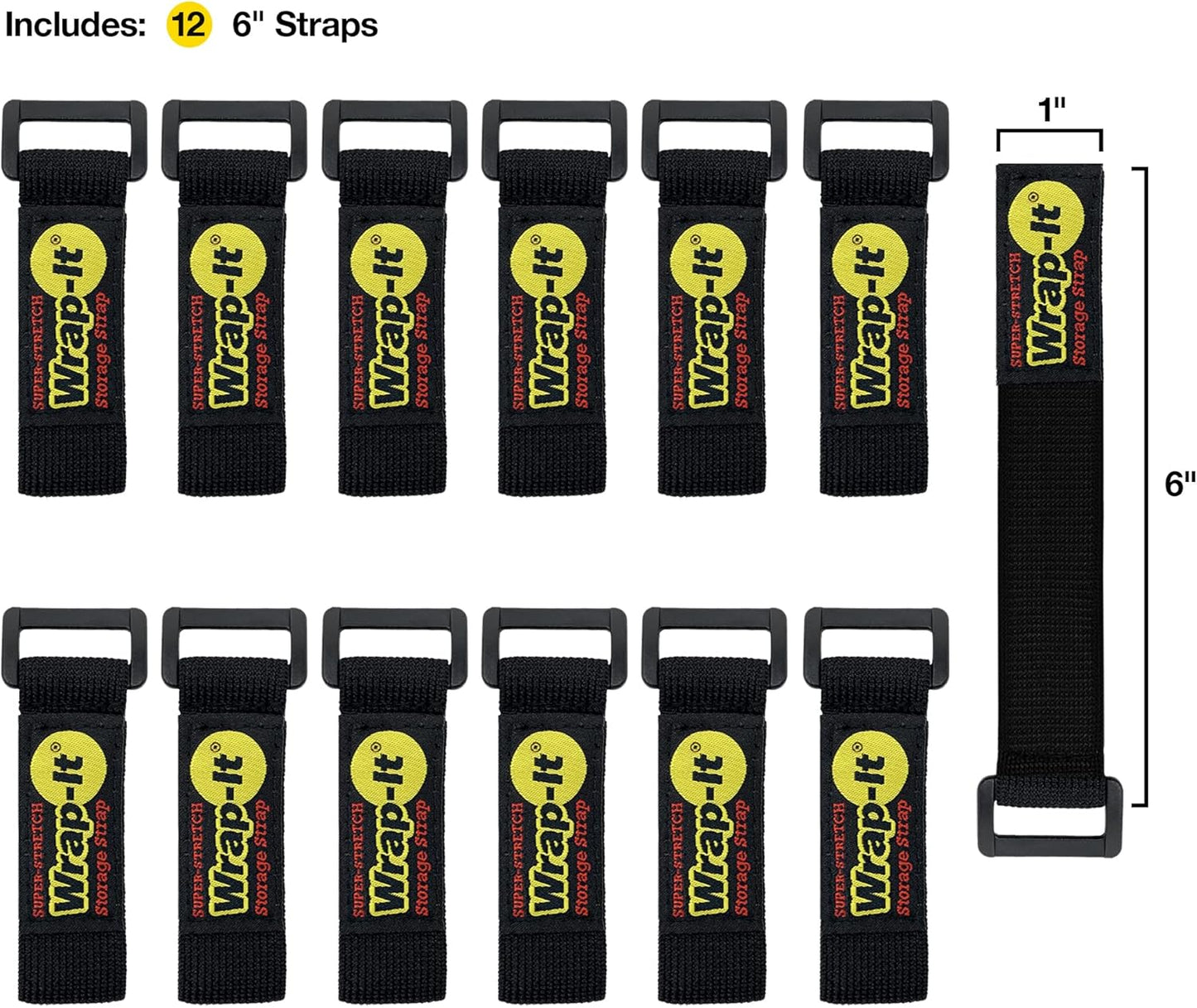 Super-Stretch Wrap-It Storage Straps, 6" (12 Pack) - Elastic Hook and Loop Cinch Straps - Extension Cord Organizer, Hose Strap, Cable Straps, Tool Strap, Cord Wrap, Cord Keeper and Cable Storage