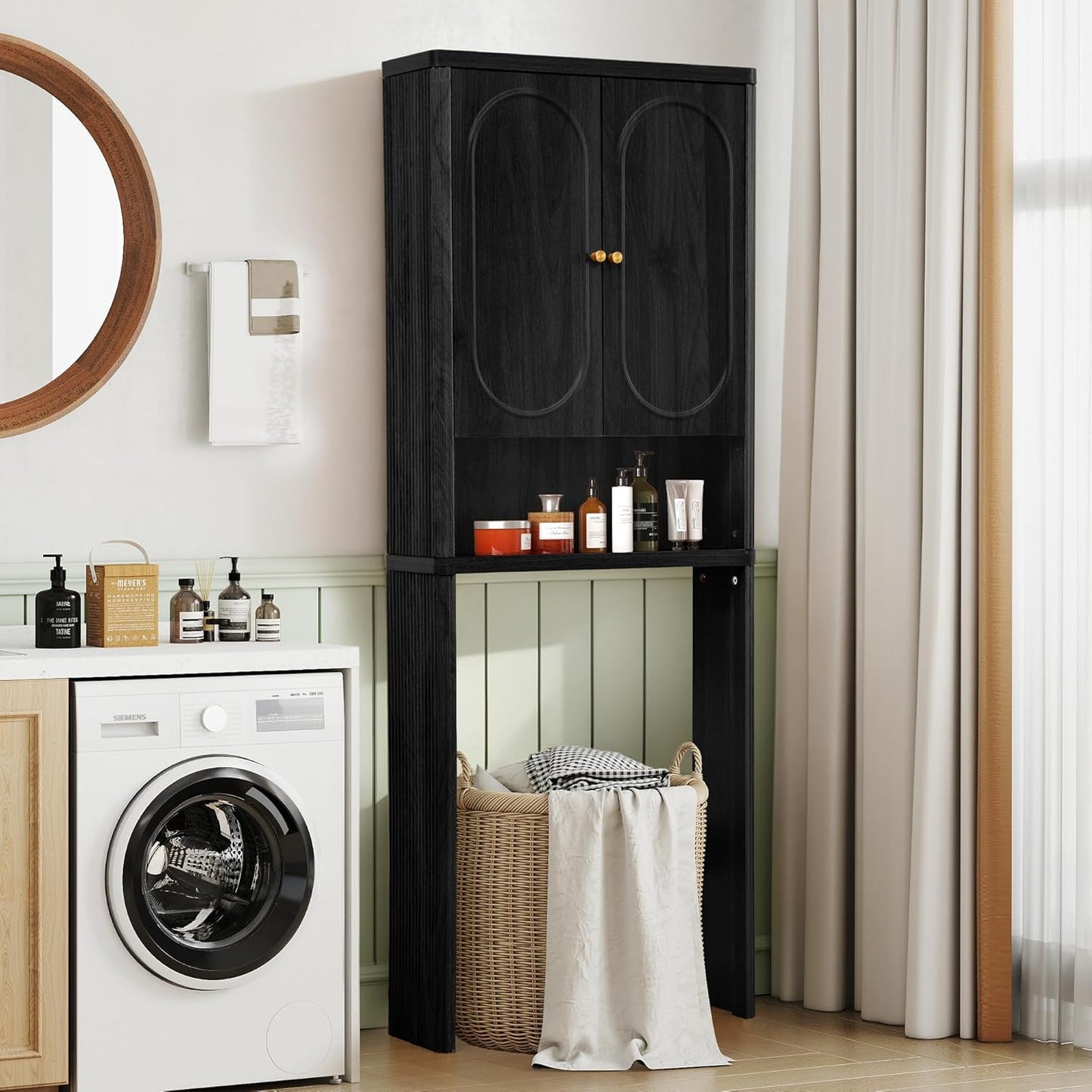 Fluted Over The Toilet Storage Cabinet, Bathroom Toilet Storage Cabinet with Door, Wood Curved Over The Toilet Space Saver Cabinets for Restroom Bathroom, Black