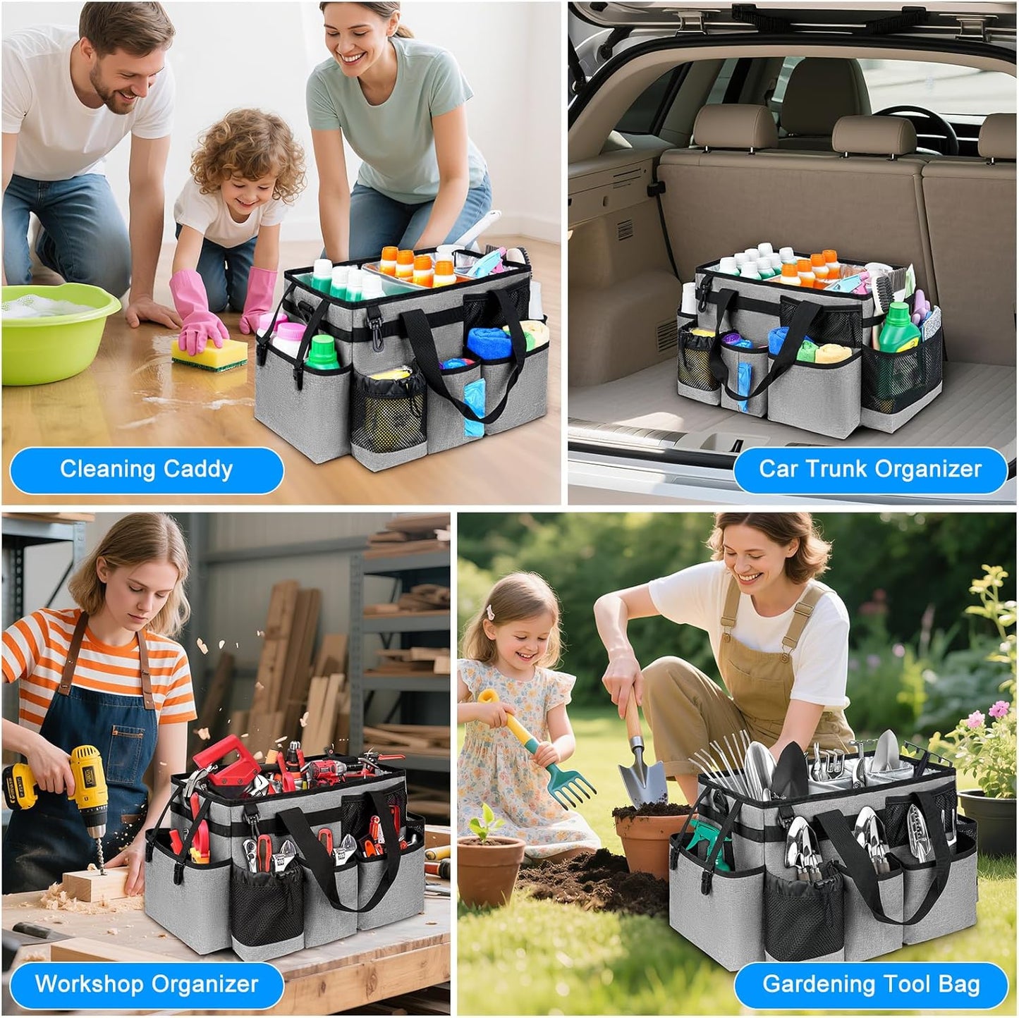 Cleaning Caddy Bag, Cleaning Supplies Organizer for Housekeepers, Housekeeping Caddy with Handle and Detachable Padded Cushion, Gray