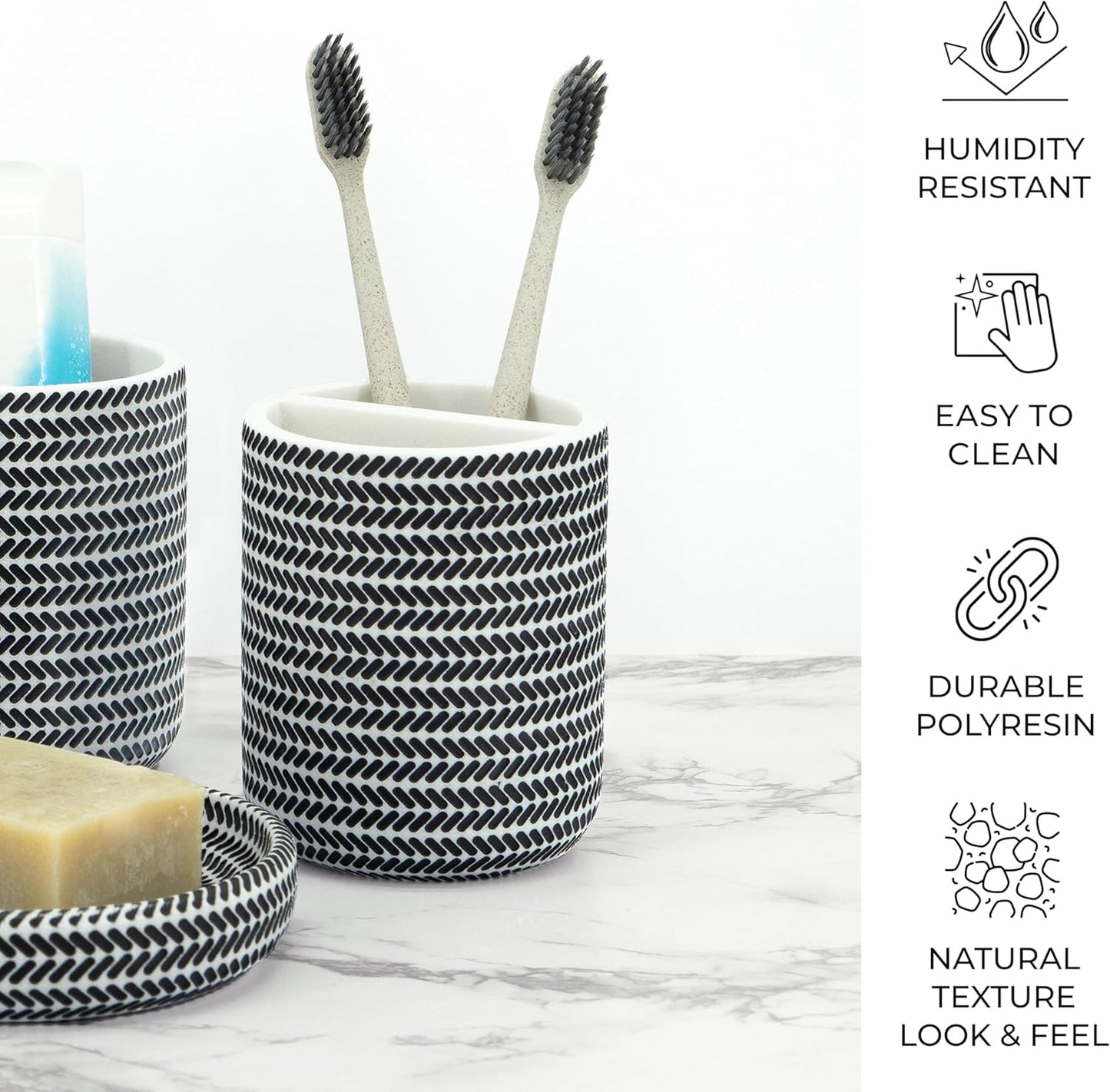 ZCCZ Black and White Bathroom Accessories Set, 4 Pieces - Toothbrush Holder, Soap Dispenser, Vanity Tray, Tumbler - Countertop Organizer for Bathroom Decor - Modern Accessory Set for Home and Office