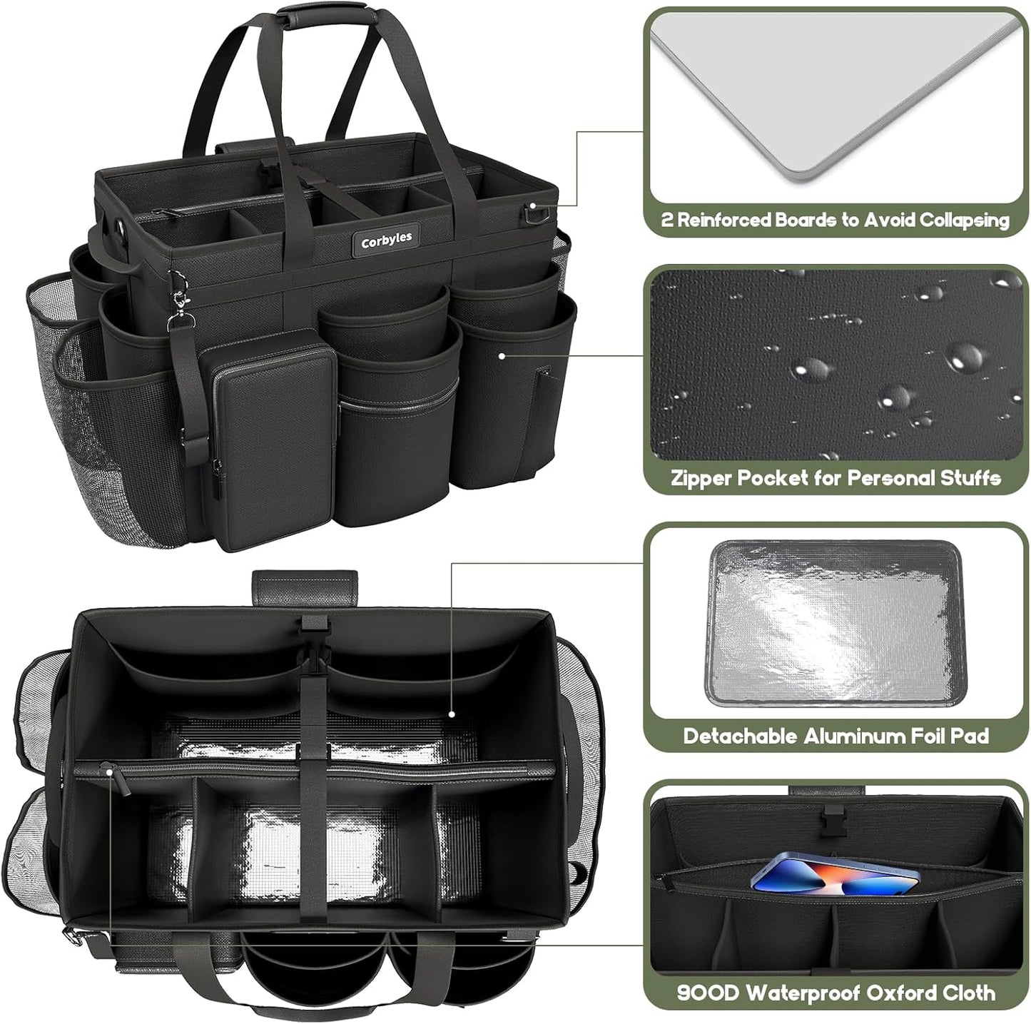 Rolling Cleaning Caddy Bag with Detachable Trolley, Cleaning Supplies Organizer Cart on Wheels, Cleaning Supply Caddy for Housekeepers, Large Professional Detailing Bag Tote for Home, Car (Black)