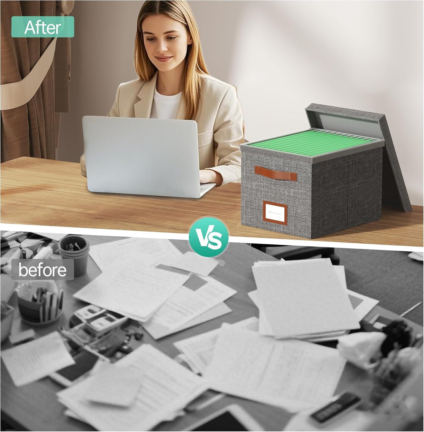 File Organizer Box with Lid File Box for Hanging Decorative File Organizer with One-Piece Integrated Plastic Slide Rail(Grey, 13.2x10.1x10.1inch(2pack))