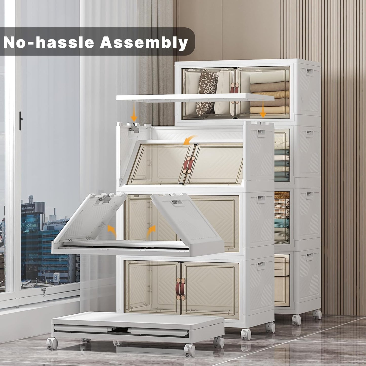 Extra Large Stackable Storage Bins with Lids & Wheels & Door, 448QT-112QT/28GAL*4Pack Foldable Collapsible Closet Organizers, Plastic containers drawers for bedroom Dorm